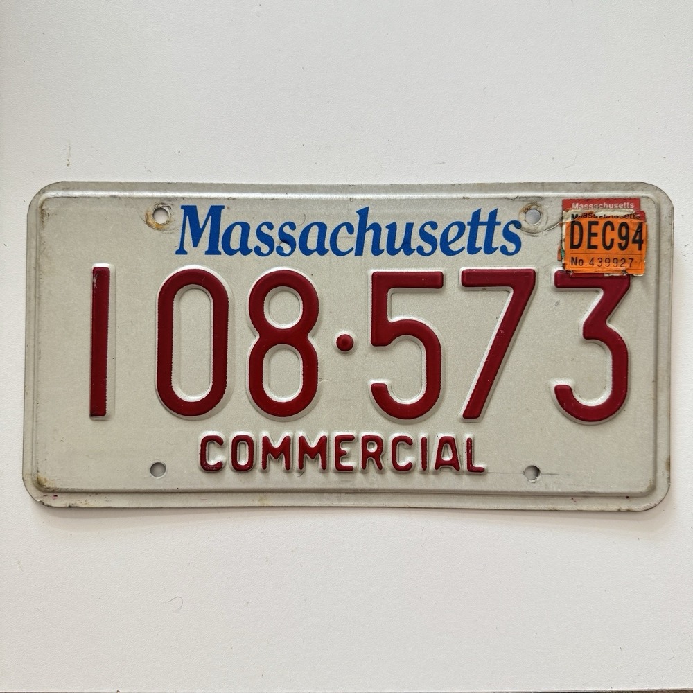 Vintage MASS 90s Commercial 108-573 White Red Massachusetts License Plate Tags